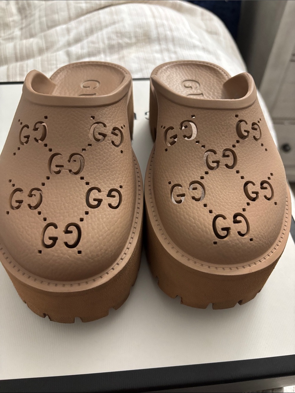 Gucci Beige Tan Platform Perforated GG Clogs